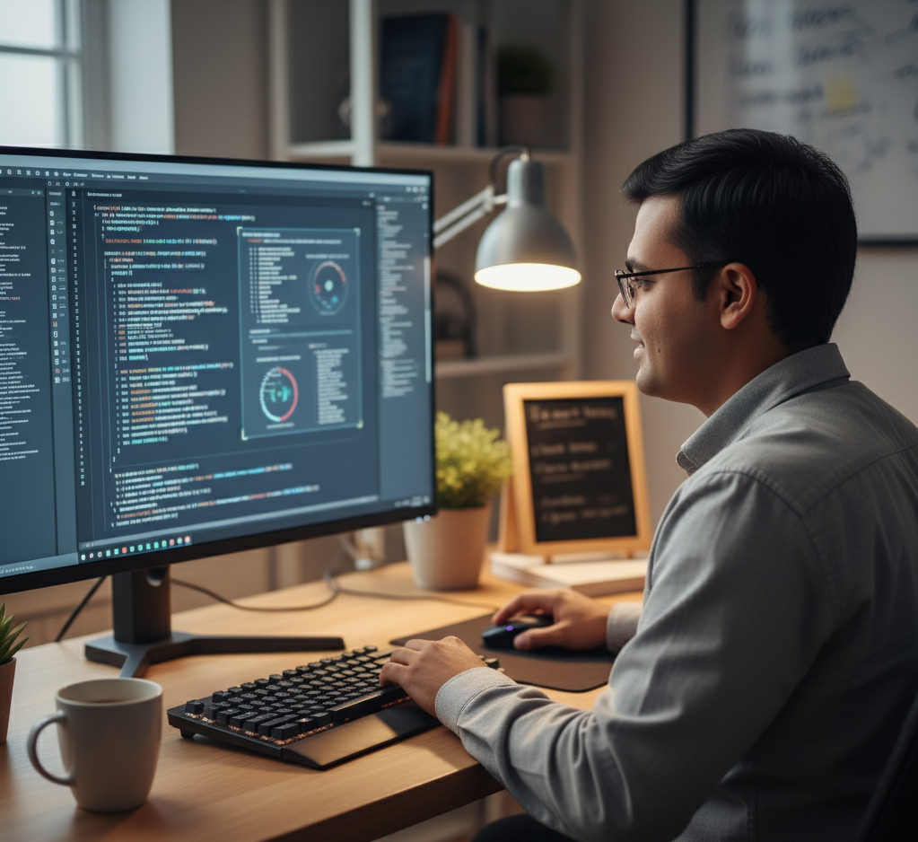 Abhay working on his laptop