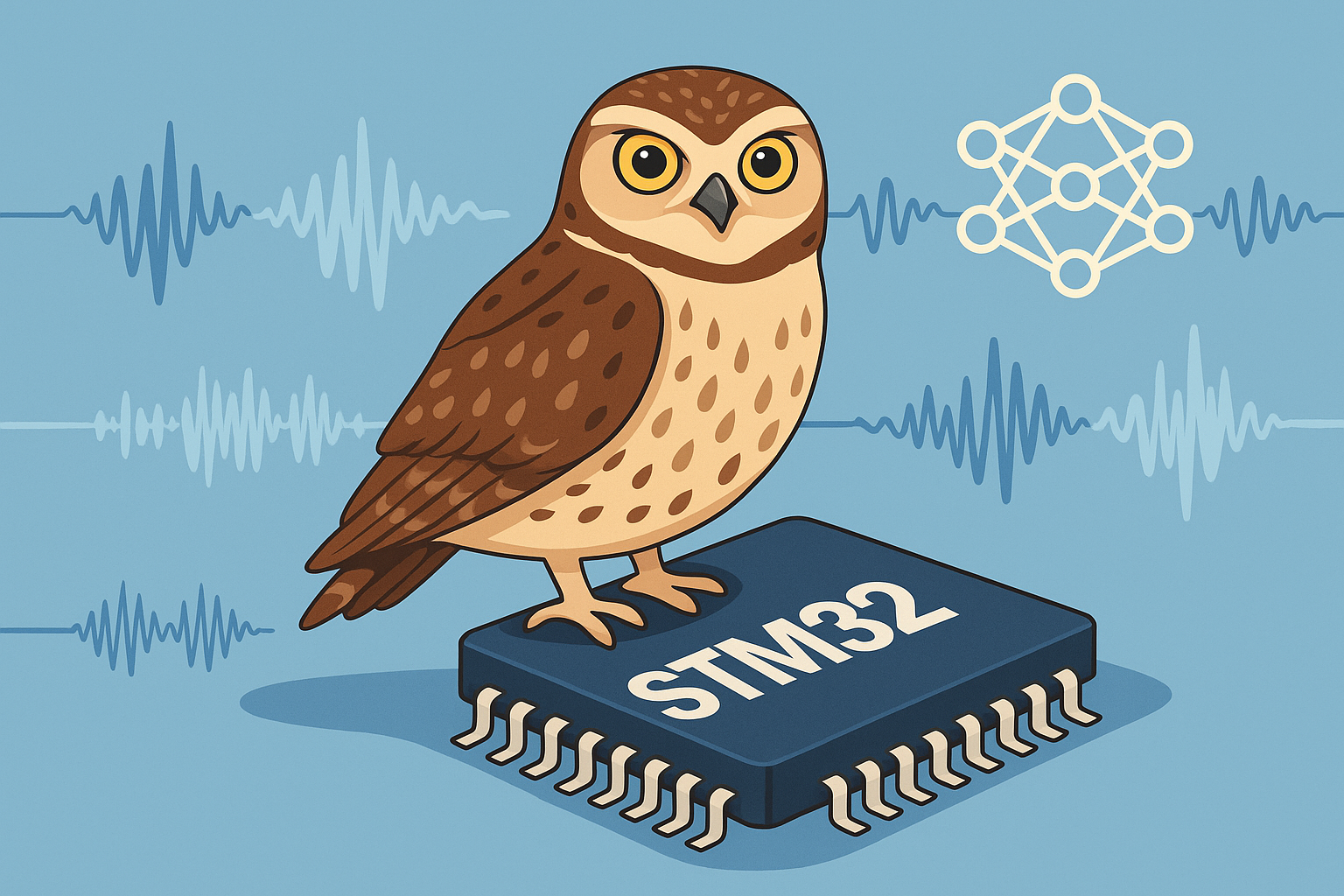 Burrowing owl perched on STM32 chip with audio waveforms